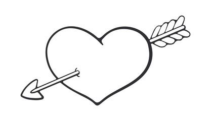 Heart and arrow. love sign. Valentine's Day symbol. Vector illustration. Hand drawn Doodle. Design element Isolated on white background. Simple outline drawing in sketch style