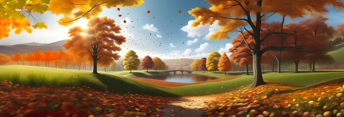 Wide panoramic view of autumn landscape in sunny day