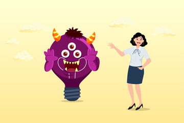 Confused businesswoman looking at devil lightbulb doubting it bad idea, bad idea cause problem, stupid mistake or poor idea, disappointment from rejected, evil and negative opinion (Vector)