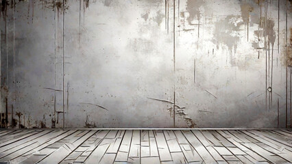 Grunge background with wooden floor and grunge textured wall.