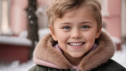 Russian Little Boy Smiling with Whitened Teeth, Soft Pink Background, Close-Up, Snow White Teeth