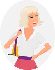 Happy student girl. Young blonde girl in white shirt with backpack cartoon vector illustration