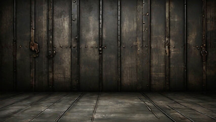 Old grunge dark room with a metal door and wooden floor. 3d render