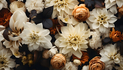 Photorealistic close-up of blooming white and golden flowers on a dark, moody floral background,