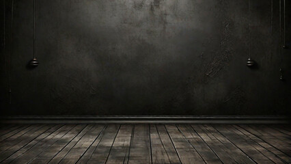 Grunge dark room with wooden floor and black wall background.