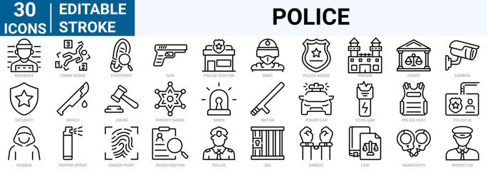 Police line web icons, court, weapon,cop and arrest.  Editable stroke.