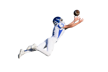 Athletic young football players making amazing plays running with, catching, kicking and throwing the ball during competitive games