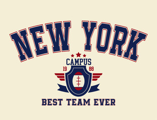 New York city college style print for t-shirt with shield and wreath. Typography graphics for New York college or university tee shirt design. Vintage sport apparel print with grunge. Vector.