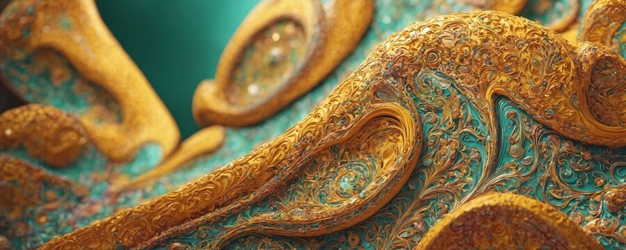 a close up of a gold and turquoise colored wallpaper