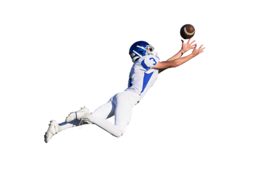 Athletic young football players making amazing plays running with, catching, kicking and throwing the ball during competitive games