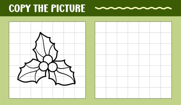 Holly learn to draw educational game. Copy the picture printable worksheet for kids. Winter drawings