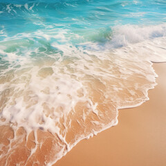 Summer background image of a tropical beach. The light sand of the beach against the backdrop of sparkling ocean water.