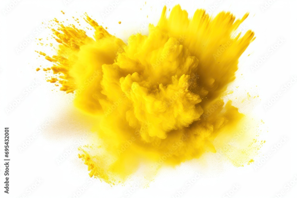 Poster  a yellow substance is spewing out of it's center on a white background with a reflection of the object in the bottom right side of the image.