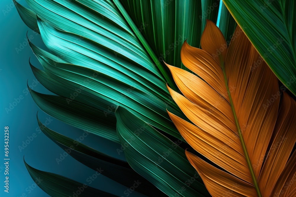 Poster a close - up of a green and yellow leaf on a blue background with a reflection of another green and 