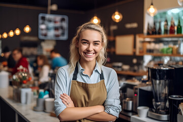 Smiling Female barista making coffee in coffee shop counter. Takeaway food. - obrazy, fototapety, plakaty