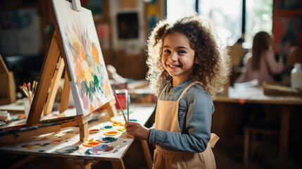 little beautiful girl draws on an easel in an art studio, drawing school, child, childhood, creativity, kid, smiling face, portrait, brush, paints, still life, picture, interior, student, master class - obrazy, fototapety, plakaty