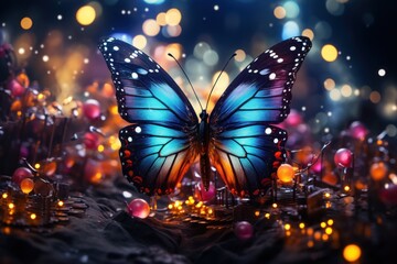  a blue butterfly sitting on top of a lush green field filled with lots of colorful lights and a dark sky filled with lots of small yellow and pink and orange balls.