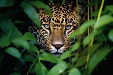  a close - up of a leopard's face peeking out through the leaves of a tree, with a black back ground and green foliage in the foreground.