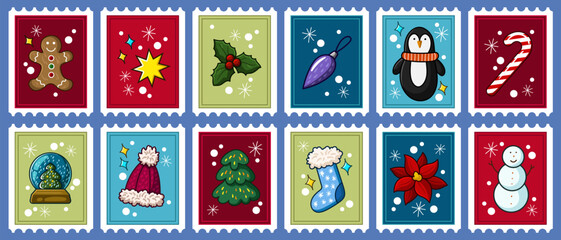 Postage stamps winter cartoon drawings for letters, postcards, greeting cards, envelopes and mailing. Funny and cute penguin, snowman, gingerbread man, candy cane, poinsettia, Christmas tree