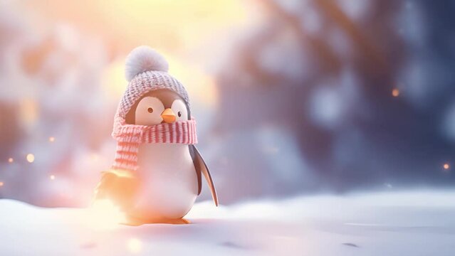Cute baby Penguin in beautiful magical winter snow landscape. Celebrating Christmas wearing winter hat, New Years sparkling snow fall. Magic nature wildlife