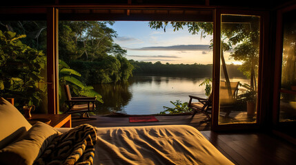 lake and jungle view from wooden house . Generative Ai