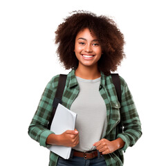 American black female student smiling. Portrait. isolated on transparent background. AI generated. PNG - obrazy, fototapety, plakaty
