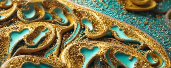 a close up of a plate of food with gold and blue