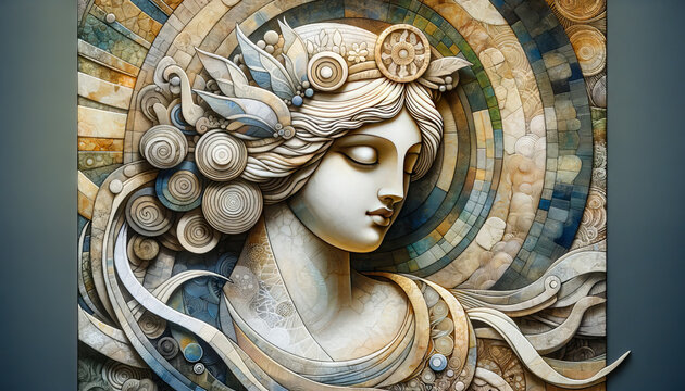 A tranquil image of Eirene, the goddess of peace, depicted in a mixed media art style using paper and fabric with a variety of textures and patterns.