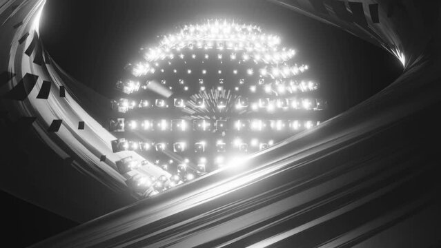 Psychedelic abstract black and white retro disco ball spinning seamless. Glowing gold colors. Seamless loop background. Dance party. 3d render for music performance. Seamless VJ loop animation