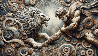 Hercules facing the Nemean Lion, depicted in a mixed media art style using paper and fabric with a variety of textures and patterns.