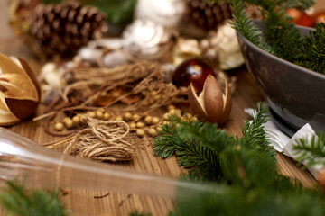 Homemade christmas tools and decorations on table