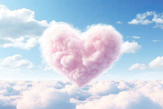 Pink heart shaped cloud in the sky