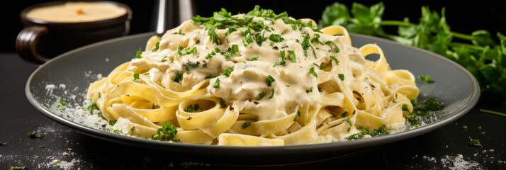 Delicious Italian pasta dish with creamy Alfredo sauce, garnished with parsley and parmesan. - obrazy, fototapety, plakaty