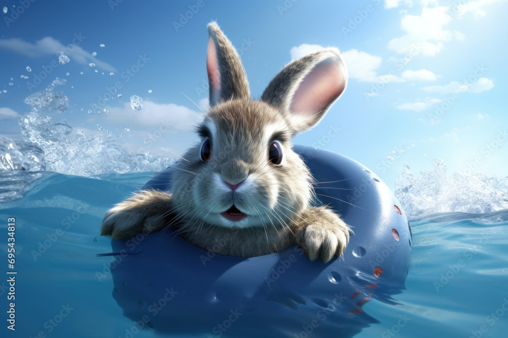 Poster a rabbit sitting on top of an inflatable object in the middle of a body of water with a blue sky and