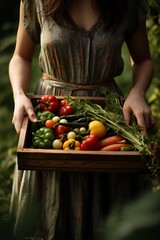 woman with a wicker basket full of vegetables. basket with healthy food. vertical orientation - obrazy, fototapety, plakaty
