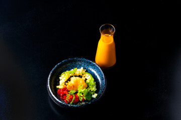 Ceviche, rice with seafood and fish chicharron. Seafood trio.