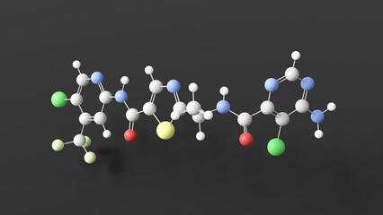 tovorafenib molecular structure, antineoplastic agent, ball and stick 3d model, structural chemical formula with colored atoms