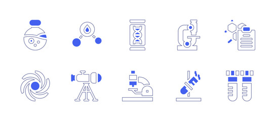 Science icon set. Duotone style line stroke and bold. Vector illustration. Containing flask, black hole, molecule, telescope, dna, microscope, test tube, clipboard.