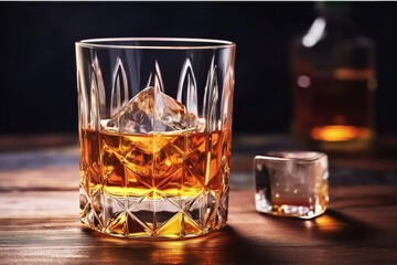 Glass of whiskey with ice. Glass of scotch whiskey and ice. bourbon with ice on wooden table