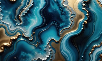 3d abstract marble wallpaper. Resin geode and abstract art, functional art, watercolor geode painting. golden, blue, turquoise and gray background, Generative AI - obrazy, fototapety, plakaty