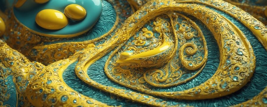 a close up of a gold and blue fabric