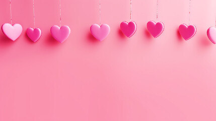 Pink hearts hanging on pink isolated background with copy text space - ai generative