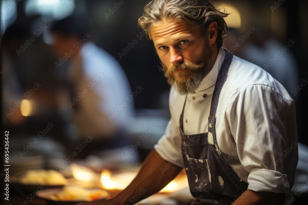 Poster a man with a beard and a beard wearing an apron in front of a table with food on it and other people