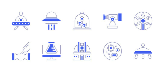Science icon set. Duotone style line stroke and bold. Vector illustration. Containing spaceship, chemistry, plant, telescope, ufo, dna structure, petri dish, plasma.