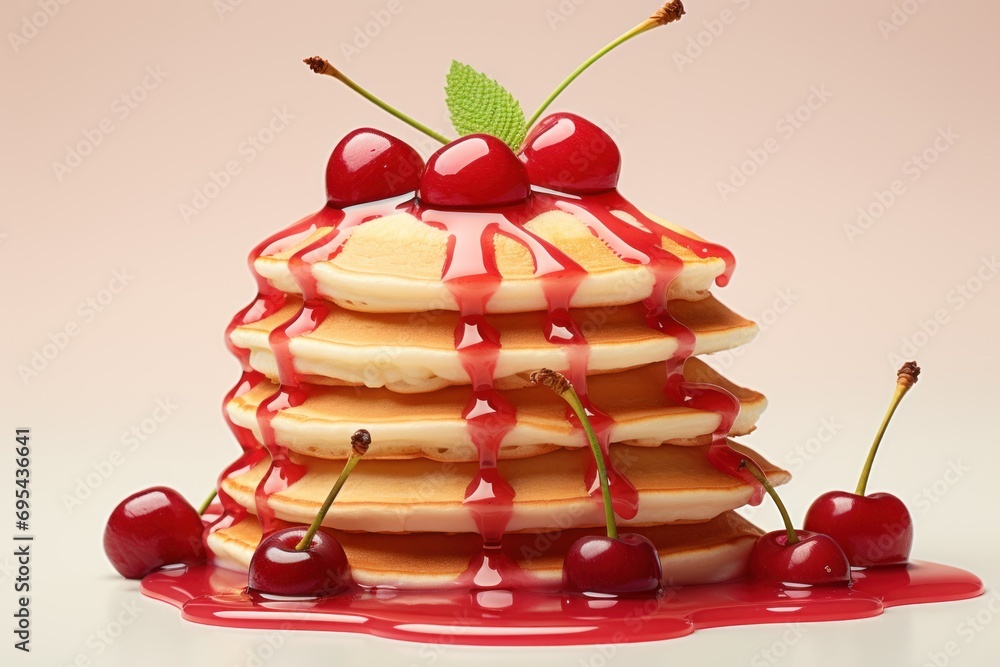 Poster a stack of pancakes topped with cherries and drizzled with a drizzle of syrup and drizzled with cher