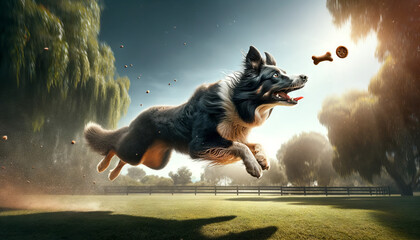 A photo-realistic image capturing the dynamic action of dogs catching treats in high-speed photography
