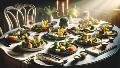 The image showcases an assortment of gourmet plant-based dishes in a fine dining setting, with elegant table decor and a focus on the artistry of vegan cuisine.