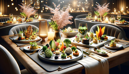 Diverse range of gourmet plant-based dishes in a luxurious, modern fine dining setting, with a unique table setting and creative plating, highlighting the diversity of vegan cuisine
