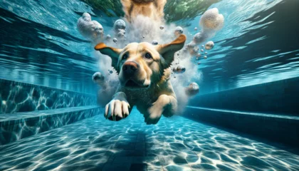 Deurstickers A photo-realistic image of dogs underwater, capturing the unique and dynamic perspective of swimming dogs © FantasyLand86