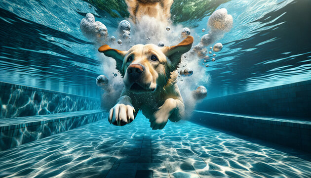 A photo-realistic image of dogs underwater, capturing the unique and dynamic perspective of swimming dogs